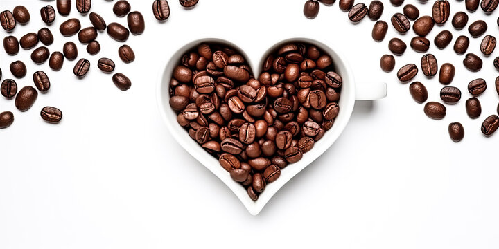 A white coffee cup and coffee beans formed into a heart were pictured - generative ai.