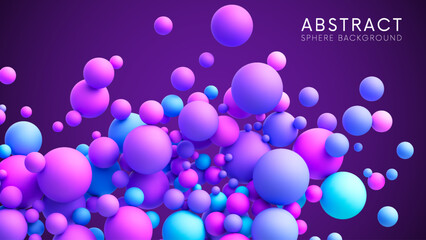 Abstract background with dreamy blue pink purple vibrant neon gradient random flying spheres. Colorful neon matte soft balls in different sizes. Vector background