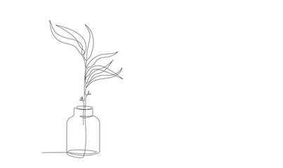One continuous line drawing of leaves plant in vase, bottle. Creative minimalist hand painted drawing with decorative vase, flower, branch and leaves. Vector hand drawing sketch line illustration
