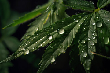 Marijuana leaves with water drops close-up. Digitally generated AI image