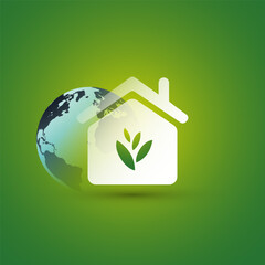 Eco House, Smart Home Concept Design - Pictogram, Symbol, House Icon With Leaves and Earth Globe on Green Background - Illustration in Editable Vector Format