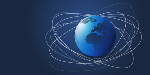 Abstract Dark Blue Minimal Style Sattellite Network Connections Design Concept with Oval Orbiting Lines Around Lit Earth Globe in Space - Vector Illustration with Copyspace, Place, Room for Your Text