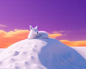 Poster winter landscape with white arctic fox and purple sky. Generative AI image. © Ilona