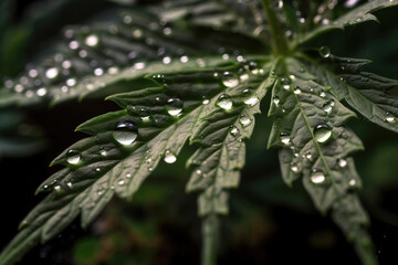 Marijuana leaves with water drops close-up. Digitally generated AI image