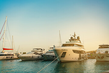 marine station at sunset. yachts at sunset. beautiful bridge