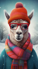Alpaca In Glasses And Wintery Clothing Hyperrealist Portrait Generative Ai Digital Illustration Part#130423