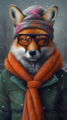 Fox In Glasses And Wintery Clothing Hyperrealist Portrait Generative Ai Digital Illustration Part#130423