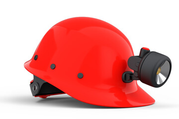 Red safety helmet or hard cap with flashlight isolated on wihte background