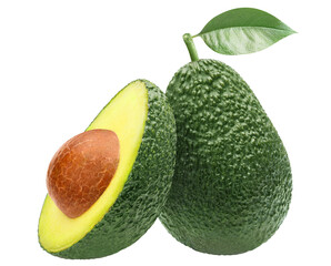 Delicious avocado fruits with leaves, cut out