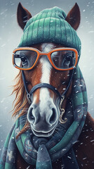 Horse In Glasses And Wintery Clothing Hyperrealist Portrait Generative Ai Digital Illustration Part#130423