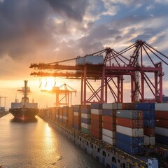 Fototapeta premium container cargo freight ship, crane is loading cargo containers into container ships in the international terminal of a sea port. generative ai
