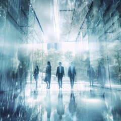 Abstract silhouettes of business people in the lobby of a business building  generative ai