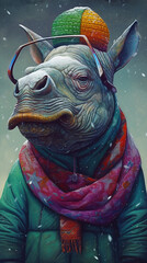 Rhinoceros In Glasses And Wintery Clothing Hyperrealist Portrait Generative Ai Digital Illustration Part#130423
