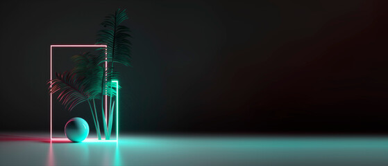 neon-lit interior with plant and abstract decor and minimalistic background, illuminated by orange and blue neon light copy space web banner ratio generative ai