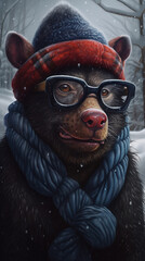 Tasmanian Devil In Glasses And Wintery Clothing Hyperrealist Portrait Generative Ai Digital Illustration Part#130423