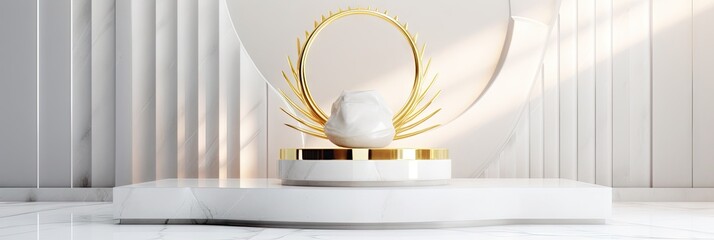 White marble podium with gold inlays on background for product display.  Stage for product, cosmetic presentation. Creative mock up. 3d render composition. Generate AI.