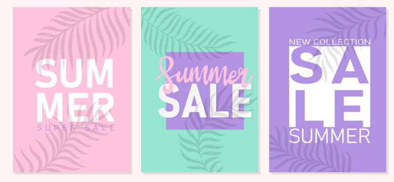 Modern summer sale banners, posters or cards with tropical leaves in minimalist style. Season promotion. Vector illustration