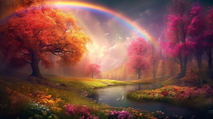 colorful spring’s flowers, over the beautiful wonderful rainbow, fantasy, romantic dreamy background