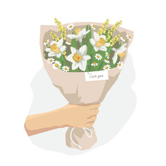 Hand holding a bouquet of flowers. Flower delivery mobile app.