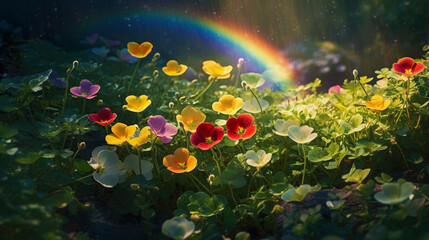 Fototapeta na wymiar colorful spring’s flowers, leaves, nature, over the beautiful wonderful rainbow, fantasy, romantic dreamy mood