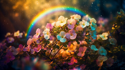 colorful spring’s flowers, leaves, nature, over the beautiful wonderful rainbow, fantasy, romantic dreamy mood