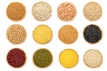 Collections of natural organic cereal and grain seed pile in wooden basket on white background for healthy food ingredient or agricultural product concept