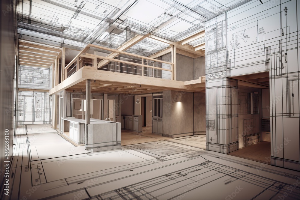 Poster Architecture 3D and blueprints representation, generative ai