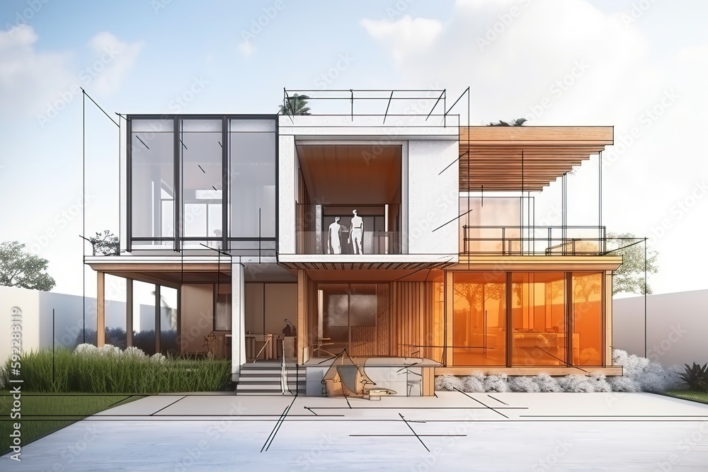 Poster Architecture 3D and blueprints representation, generative ai
