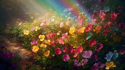 Fototapeta na wymiar colorful spring’s flowers, over the beautiful wonderful rainbow, fantasy, romantic dreamy mood Generative AI