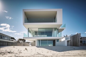 Obraz na płótnie Canvas Magnificent white contemporary home on the beach, generative ai