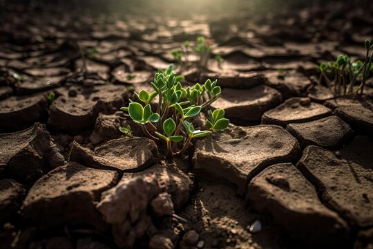 green shoots growing in a dry cracked soil, generative ai