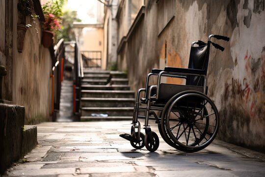 mobility issues, wheelchair by a flight of stairs in a decadent urban environment, generative AI © FrankBoston