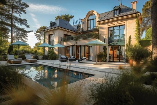 Luxury stone French mansion with veranda pool and garden, generative ai
