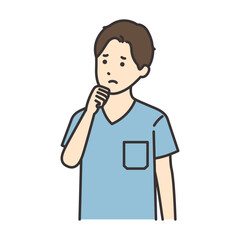 顎に拳をあてて悩む看護師の男性のイラスト