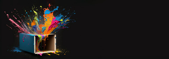  banner image with a black background, featuring a splatter of vibrant colors on a box, copy space. Generative AI.