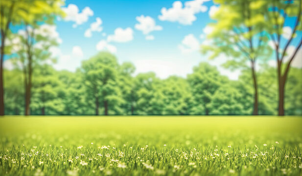 Beautiful bright natural image of fresh grass summer spring meadow with blurred background and blue sky with clouds. Summer nature with lawn surrounded by trees. Generative AI