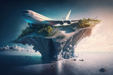 Obraz premium A plane flying above an island, surrealistic travel, fantasy dream world, AI Generative.