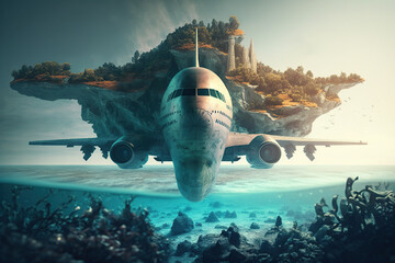 Obraz premium A plane flying above an island, surrealistic travel, fantasy dream world, AI Generative.