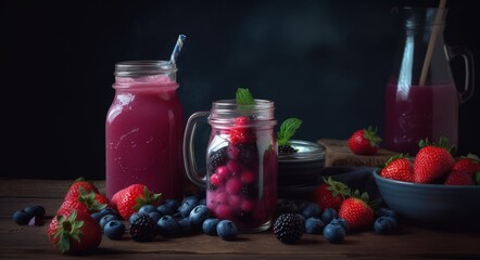 Fototapeta na wymiar berrie smoothie in a glas with a straw and various berries on a table - ai-generated