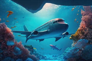 Fototapeta premium A large airplane or aircraft underwater covered in green algae and coral, plane catastrophe, AI Generative.