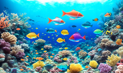 Naklejka na ściany i meble Underwater world. Coral reef and fishes. Animals of the underwater sea world. Ecosystem. Colorful tropical fish. Life in coral reef. Generative AI