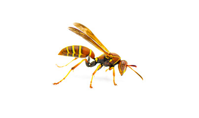 Naklejka premium Hunters Little Paper Wasp - Polistes dorsalis dorsalis - side profile view standing tall with extreme detail. Isolated on white background