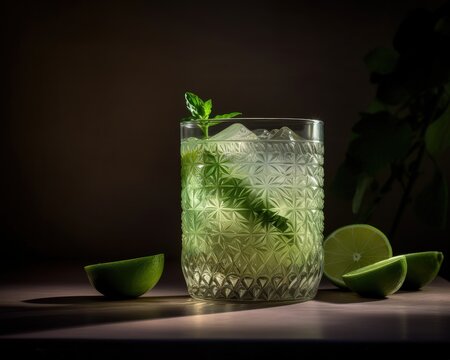 green cocktail, mocktail, with lime and mint, in beautiful crystal glasses on a table - ai-generated