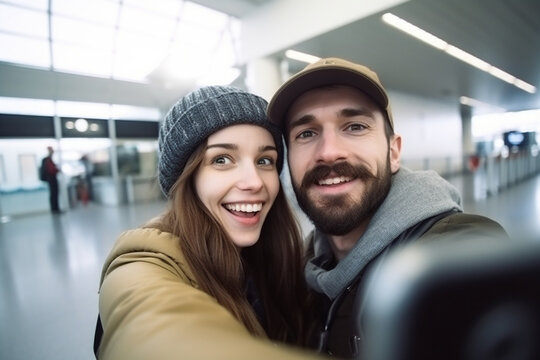 Young couple travelers selfie. Created with generative Ai technology.