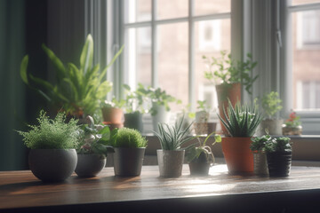 plants and greenery to add a pop of color and life to your living room plants or a small herb garden on a windowsill, Generative AI	
