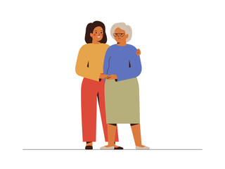 Young woman hugs elderly mother with love and care. Adult daughter  helps to her mature mum. Caregiver supports senior female patient with dementia. Concept of aid and protection for old person.Vector
