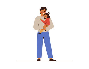oung man holds his child on hands with love and care. Happy father with his baby daughter embrace together. Family and parenthood concept. Vector illustration