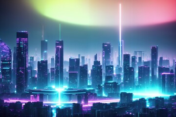 Futuristic cyberpunk cityscape with glowing neon lights.