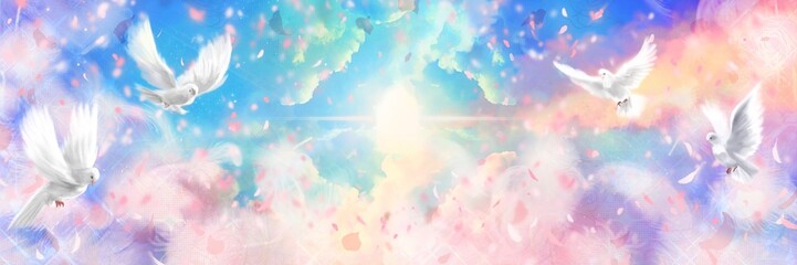 Obraz na płótnie Canvas 桜の花びらと白い鳩が舞い異世界への入り口が輝き開く天国のファンタジー背景イラスト 