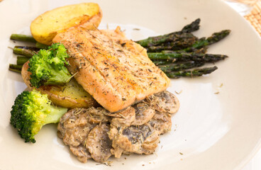 dish of fried river trout fillet with garnish of broccoli, asparagus sprouts and mushroom sauce
